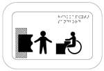 Sand table. The icon shows a sand table on the left, seen from above, a figure of a child in the centre and a person in a wheelchair on the right, sitting at a sand table. There is text in Braille in the top right corner. White background.