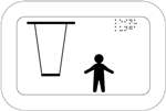 Swings. The icon shows a swing seat and chains seen from the front. There is a figure of a child to the right of the swing and text in Braille in the top right corner. White background.