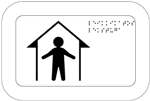 Playground shelter. The icon shows a building with a peaked roof and walls. There is a figure of a child inside the shelter and text in Braille in the top right corner. White background.