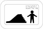 Slide. The icon shows a slide with steps leading to the top, against a white background. There is a figure of a child to the right of the slide and text in Braille in the top right corner.
