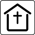 Church. The icon shows a building with a peaked roof and a small cross inside, against a white background.