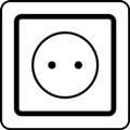 Recharging point. The icon shows an electrical outlet drawn as a square with a thick outline, with a circle inside. There are two dots inside the circle forming the socket. Icon is against a white background.