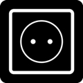 Recharging point. The icon shows an electrical outlet drawn as a square with a thick outline, with a circle inside. There are two dots inside the circle forming the socket. Icon is against a dark background.