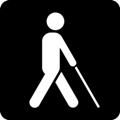 Services for the visually impaired. The icon shows a person walking with a white cane, seen from the side, against a dark background.