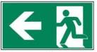 Emergency exit. The icon shows an arrow pointing to the left on the left side and a person running through a door on the right, against a green background.