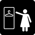 Dressing room, women. The icon shows a female figure on the right, extending a hand to a locker on the left. The locker is depicted by a rectangle inside which is a coat hanger.