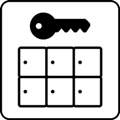 Storage lockers. The icon shows a rectangle divided into six parts depicting the doors of storage lockers, against a white background. There is a key above the rectangle.