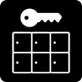 Storage lockers. The icon shows a rectangle divided into six parts depicting the doors of storage lockers, against a dark background. There is a key above the rectangle.
