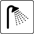 Washroom, shower. The icon shows a shower arm with a triangular shower head. There is a fan of water drops under the shower head, against a white background.