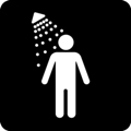 Washroom, men. The icon shows a male figure with water drops falling onto her from the top left, against a dark background.