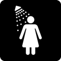 Washroom, women. The icon shows a female figure with water drops falling onto her from the top left, against a dark background.