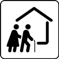 Service centre for the elderly. The icon shows a building with a peaked roof and two persons walking outside, against a white background. One of the persons has a cane.