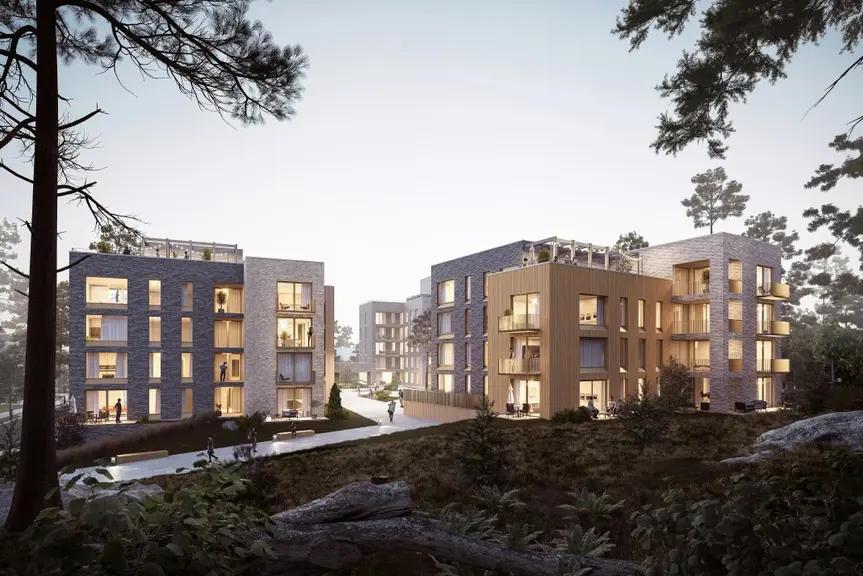 Illustration of the planned development, showing small apartment buildings in rocky terrain.