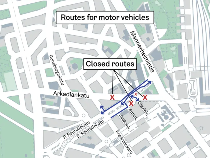  The map of the routes. Motor vehicle traffic is closed on Arkadiankatu, by the Natural History Museum and Pikkuparlamentti.