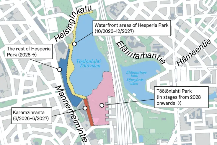 Map of Töölönlahti Bay area and the planned renovations.