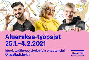 Kuvakollaasi, jossa kolme hymyilevää ihmistä katsoo kohti lukijaa. Taustalla värikästä grafiikkaa.