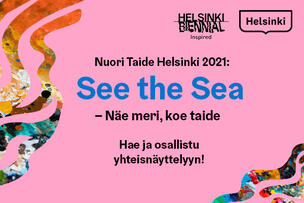 meren liikettä ja kasvillisuutta kuvaavia värikkäitä aaltoja vaaleanpunaisella pohjalla