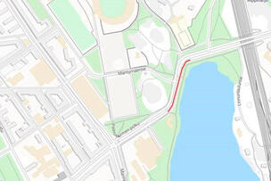 Kartta Helsinginkadun työmaa-alueesta Töölönlahden pohjoispäässä.