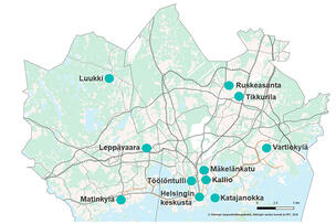 Kartta HSY:n ilmanlaadun mittausasemista.