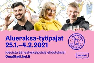 Kuvakollaasi, jossa kolme hymyilevää ihmistä katsoo kohti lukijaa. Taustalla värikästä grafiikkaa.