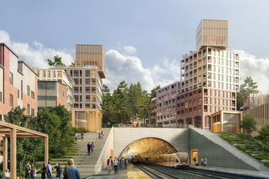 Uusia kerrostaloja Malminkartanon juna-aseman yläpuolella Kartanonmetsässä.