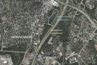 Kehittämisvarausalue ja tuleva luonnonsuojelualue esitettynä kartalla.
