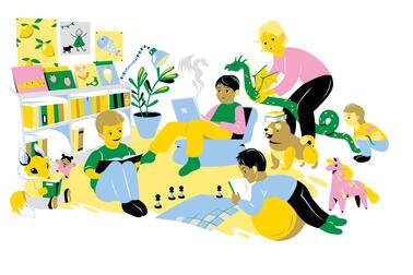 Piirroskuva lapsista lukemassa. 