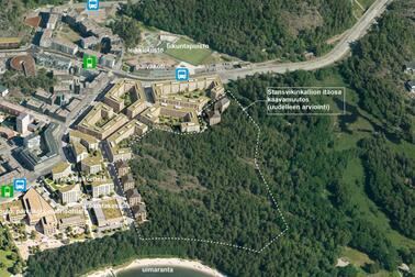 Ilmakuva, johon on merkitty kaavaluonnoksen alue ja palveluiden sijainteja.