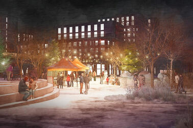 Digitaalisesti tehty kuva puistosta, jonka taustalla näkyy kerrostaloja.