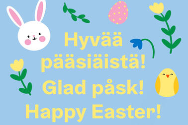 Piirroskuva, jossa pupu ja tipu toivottavat hyvää pääsiäistä