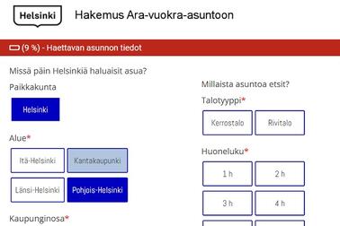 Kuvakaappaus hakemuksesta. Kuvassa voi valita alueen, kaupunginosan, talotyypin ja huoneluvun.