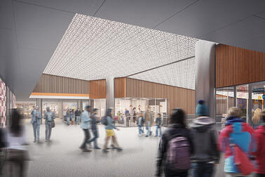 Ihmisiä Hakaniemen metroaseman lippuhallissa, havainnekuva