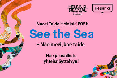 meren liikettä ja kasvillisuutta kuvaavia värikkäitä aaltoja vaaleanpunaisella pohjalla