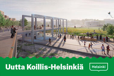 Havainnekuva Lentoasemanpuiston voittajatyöstä Crossing Horizons. Näkymä sillalta kohti terminaalia. Kuva: Maanlumo Oy ja Collaboratorio Oy.