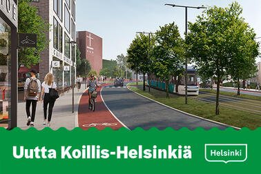 Havainnekuva Malmin keskustasta, ratikkareitti Kirkonkyläntiellä. Kuva: Voima Graphics Oy.