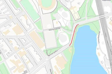 Kartta Helsinginkadun työmaa-alueesta Töölönlahden pohjoispäässä.