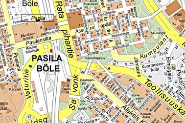 Karttakuva Pasilasta: sulkujen paikat väritäplin.  