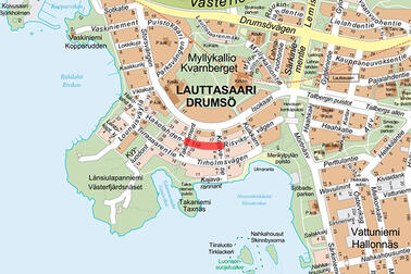 Karttakuva, johon on merkitty Takaniementien ja Kajavatien välinen alue Hakolahdentiestä.