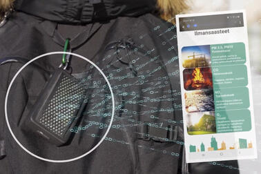Ilmanlaatua mittaava kannettava mittari ja ilmanlaatudataa.