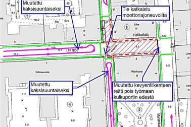 Kartta Hallituskadun suljetusta risteyksestä. 