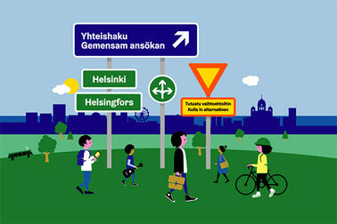 Nuoria ihmisiä Helsinki-maisemassa. 
