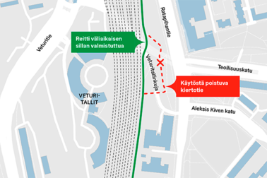 Kartassa kuvattu uusi väliakainen reitti ja poistuva kiertotie.