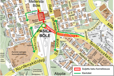 Autoliikenteen poikkeusreitit piirrettynä kartalle