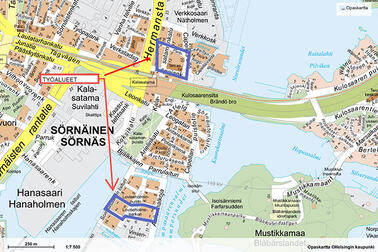 Sompasaareen ja Verkkosaaren eteläosaan asennetaan pohjaveden ja huokoskaasun tarkkailuputkia. Kuvassa työmaa-alueet.