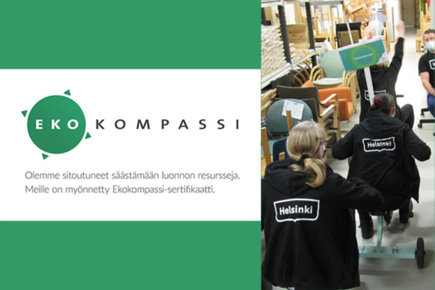 Ekokompassin tunnus ja kuva Pakilan työkeskuksesta. Ekokompassin tunnus ja kuva Pakilan työkeskuksesta.