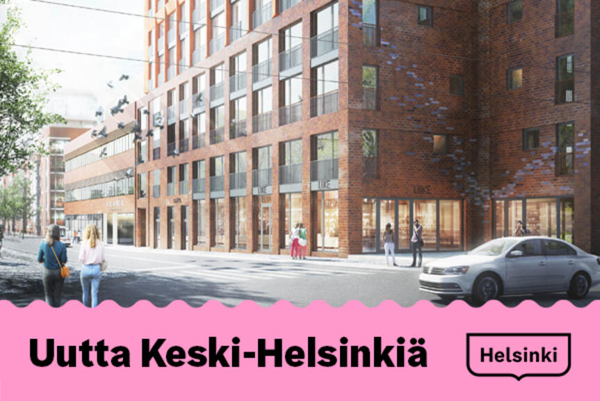 Havainnekuva punatiilisestä kerrostalosta, alalaidassa teksti Uutta Keski-Helsinkiä. Havainnekuva punatiilisestä kerrostalosta, alalaidassa teksti Uutta Keski-Helsinkiä.