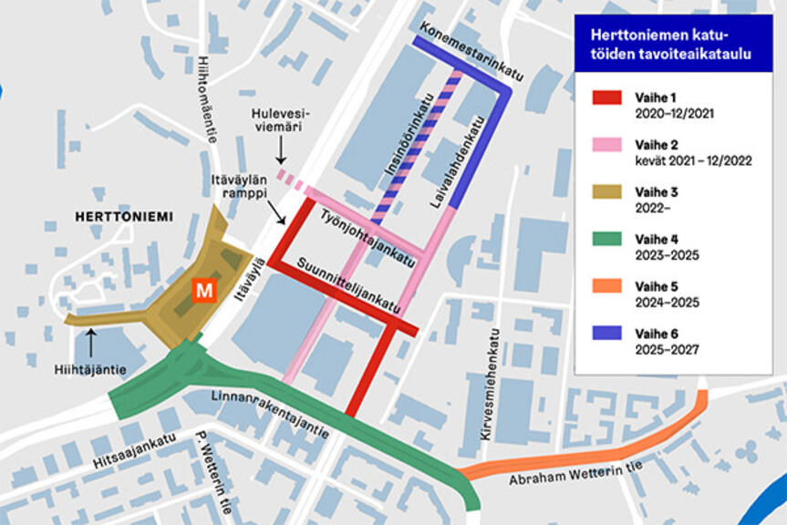Karttakuva Herttoniemen katutöiden vaiheista. Karttakuva Herttoniemen katutöiden vaiheista.