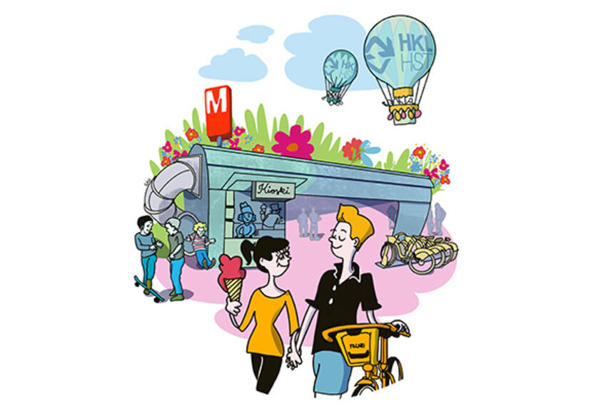 Piirroskuva naisesta, miehestä ja kaupunkipyöristä metroaseman edessä Piirroskuva naisesta, miehestä ja kaupunkipyöristä metroaseman edessä