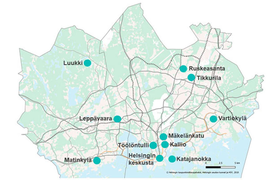 Kartta HSY:n ilmanlaadun mittausasemista. Kartta HSY:n ilmanlaadun mittausasemista.