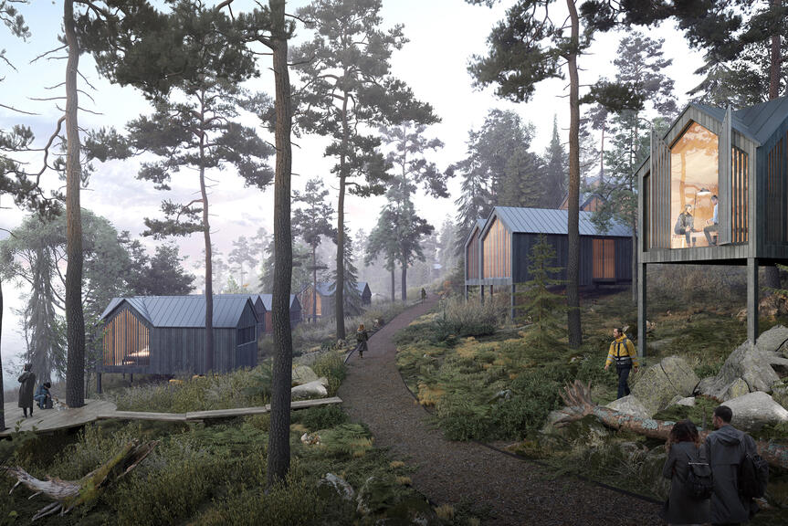 Havainnekuva Kuninkaansaareen suunnitelluista mökeistä. Kuva: Studio Puisto Arkkitehdit. Havainnekuva Kuninkaansaareen suunnitelluista mökeistä. Kuva: Studio Puisto Arkkitehdit.